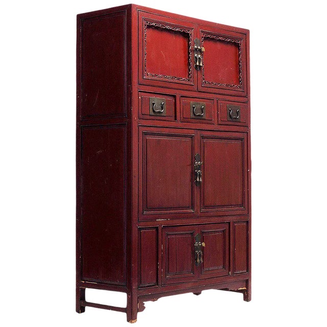 Red Lacquer Cabinet With Multiple Carved Doors From China, Mid-19th Century For Sale