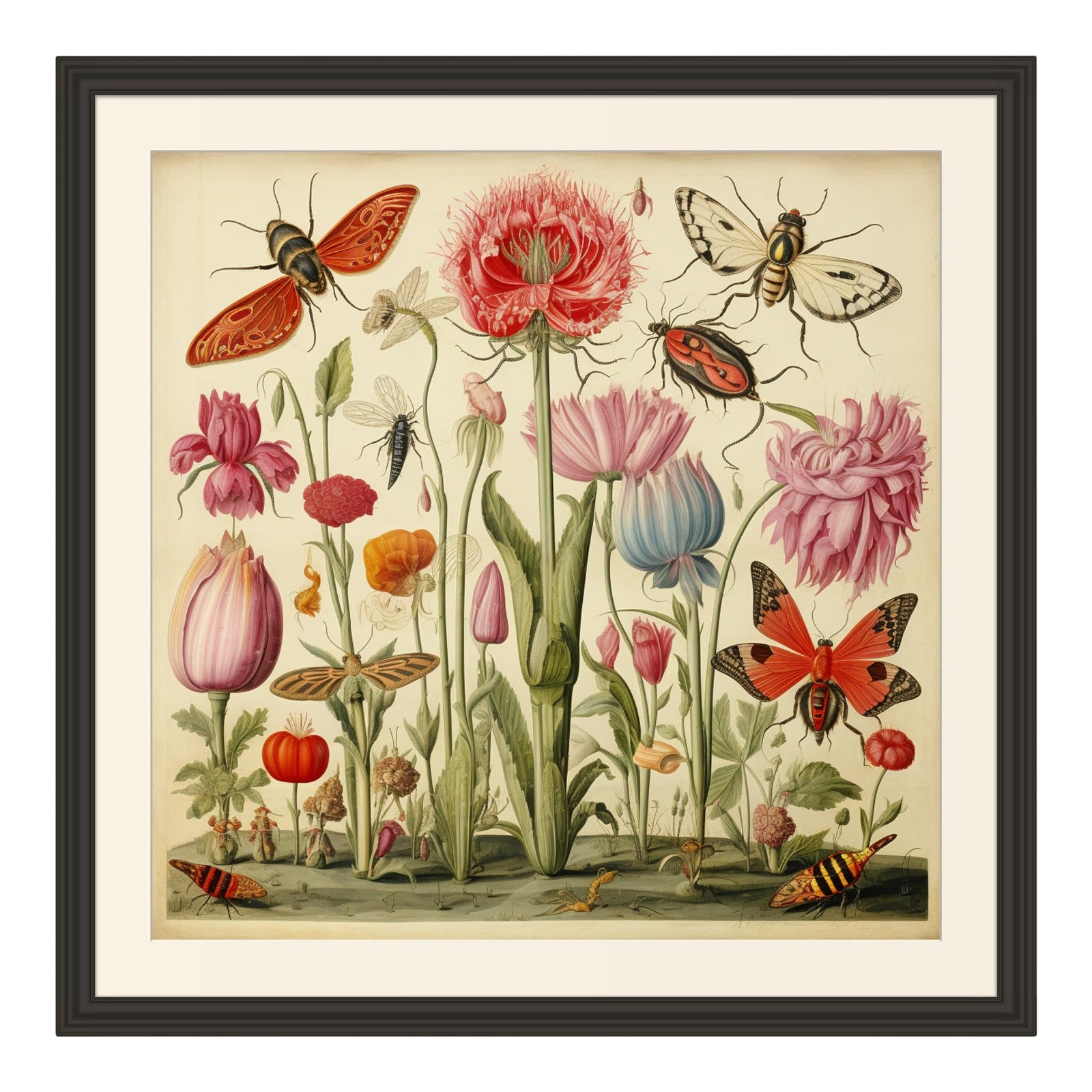 18' X 18' Framed 'Insects and Flowers' Botanical Print #7 | Chairish