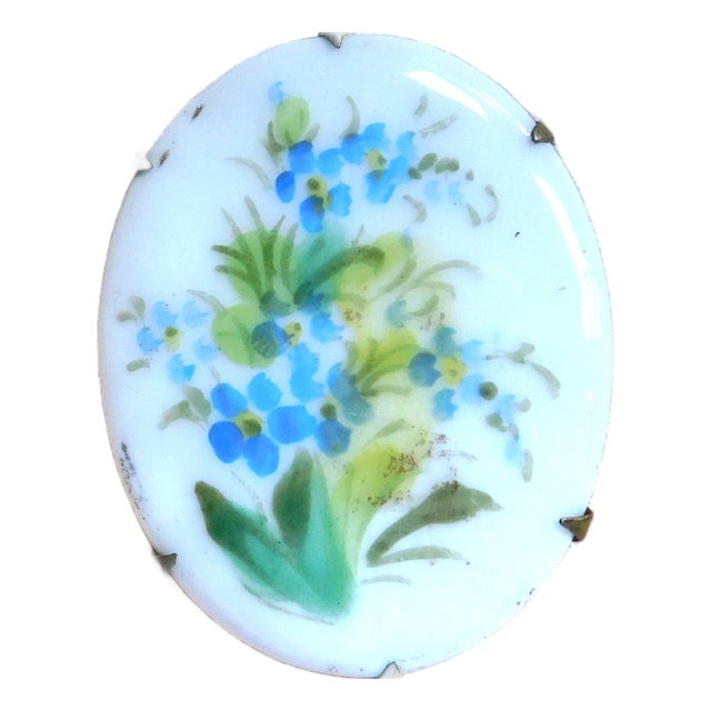 Antique Art Nouveau 1910 Hand-Painted Blue Dogwood Flower Porcelain Brooch For Sale
