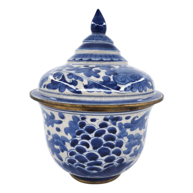 Mid-20th Century Jingdezhen China, Blue and White Covered Pagoda Jar With Brass Bands and Shunzhi Seal Mark For Sale