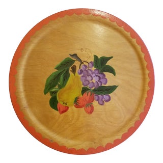 1958 Vintage Rustic Wood Serving Tray With Hand-Painted Fruits For Sale