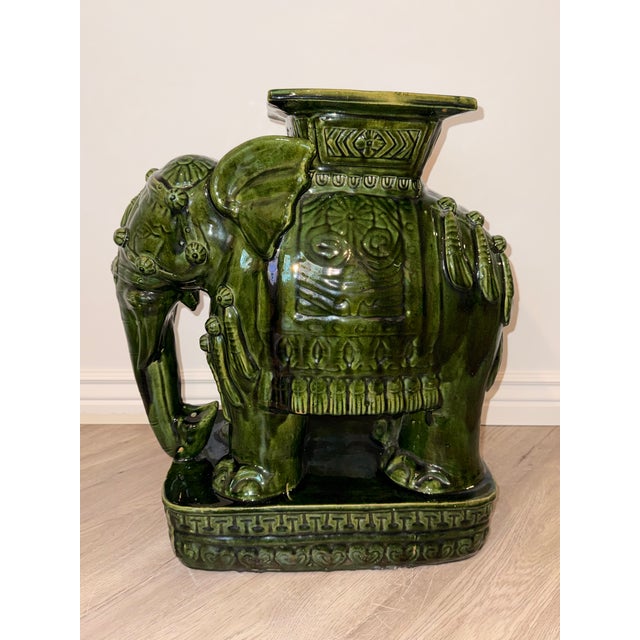 Emerald Hollywood Regency Emerald Green Ceramic Elephant Plant Stands – Pair For Sale - Image 8 of 17