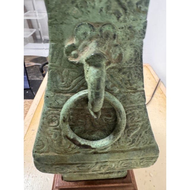 Wood Vintage Chinese Bronze Lamp on Wood Base For Sale - Image 7 of 10