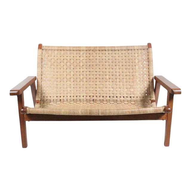 Michael Van Beuren Bauhaus Teak and Raffia Loveseat, Circa 1940 For Sale