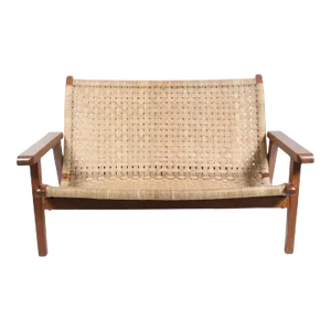 Michael Van Beuren Bauhaus Teak and Raffia Loveseat, Circa 1940