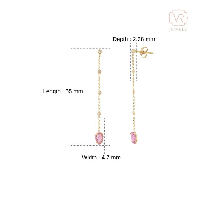 Carved Leaf Pink Tourmaline & Diamond Chain Drop Earrings in 14k Yellow Gold- A Pair For Sale - Image 9 of 12