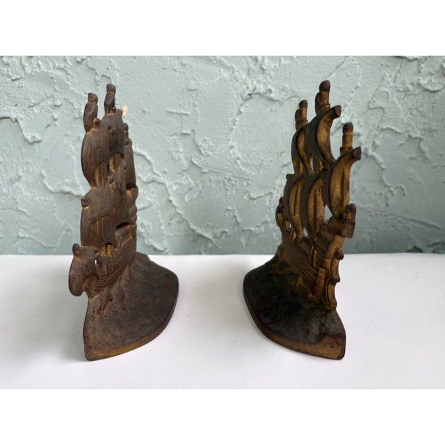 Metal Vintage Cast Iron Spanish Galleon Bookends, Pair, Pat. 1928 Nautical Maritime Library Decor For Sale - Image 7 of 9