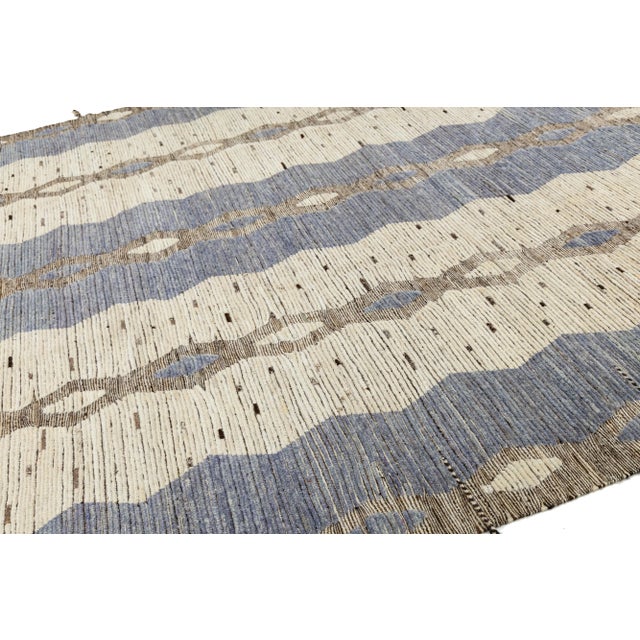 11 X 14 Modern Moroccan Tribal Style Wool Rug in Beige and Blue For Sale In New York - Image 6 of 9