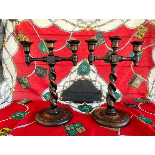 Pair Antique English Oak Barley Twist Candlesticks Candelabras Candle Holders For Sale - Image 4 of 18