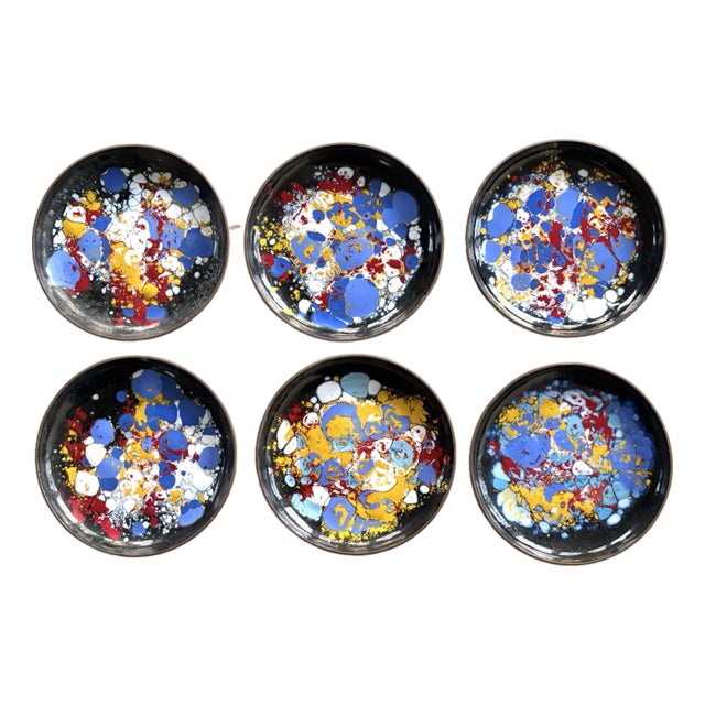 1970s MCM Copper With Enamel Painted Design Coasters, Set of 6 For Sale