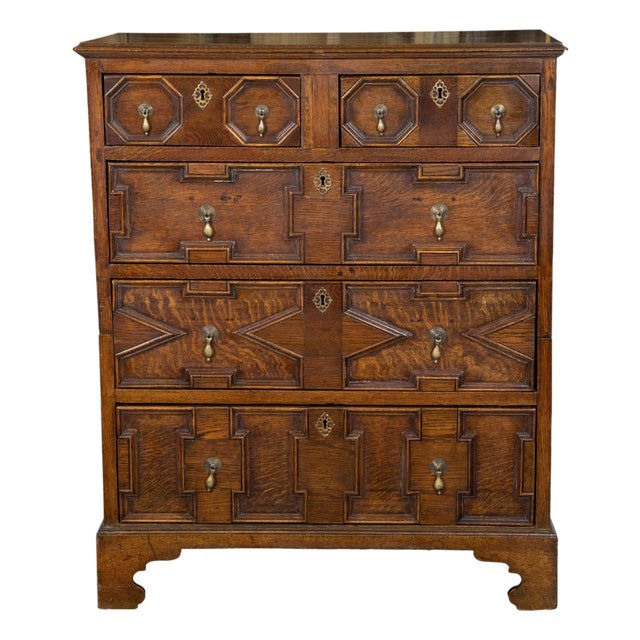 English George III Period 1800s Oak Two Part Geometric Front Five Drawer Chest For Sale