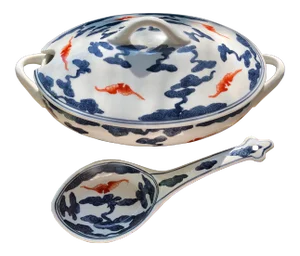 Asian Porcelain Covered Rice Dish and Spoon With Cloud Motifs