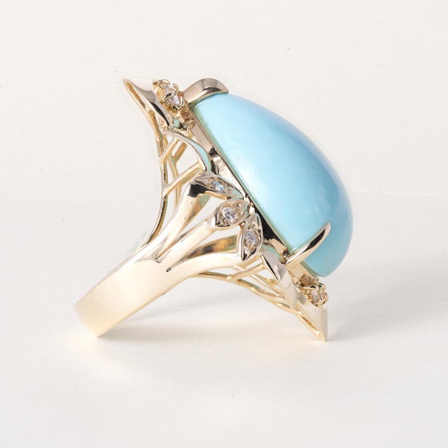 Mid 20th Century Vintage 14k Gold 19 Carat Turquoise Pear Shape and Diamond Cocktail Ring, Size 7.5 For Sale - Image 5 of 6