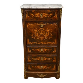 Louis XV Style Drop-Front Secretary in Marquetry Wood with Veined White Marble Top For Sale