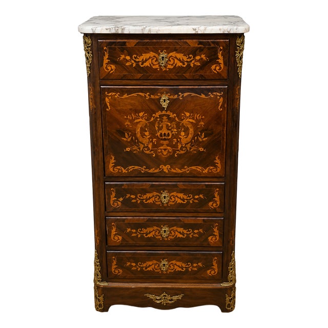 Louis XV Style Drop-Front Secretary in Marquetry Wood with Veined White Marble Top For Sale