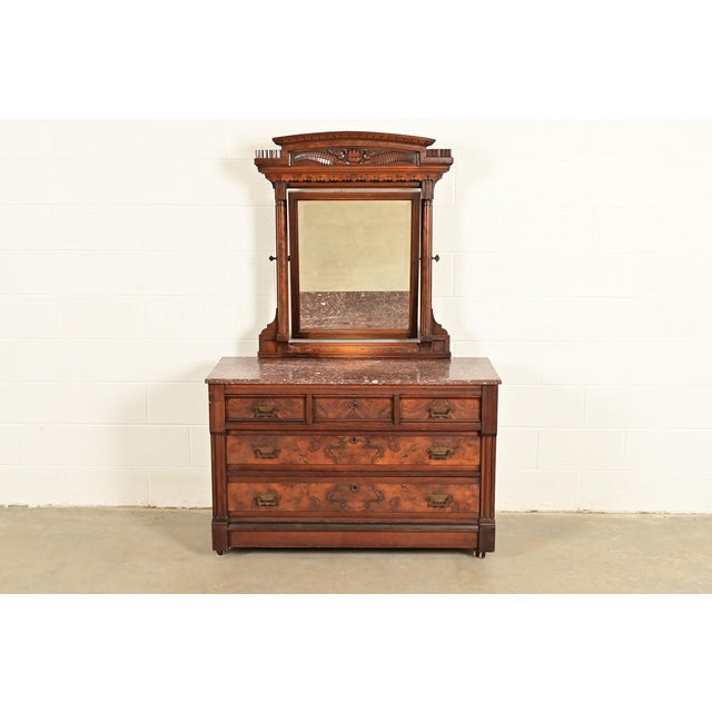 Herter Brothers Style Antique Eastlake Victorian Carved Burled Walnut Marble Top Dresser With Mirror, Circa 1880s For Sale - Image 17 of 17