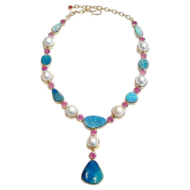 Bochic "Capri" Opal, Natural Ruby & South Sea Pearl Necklace Set 18K & Silver Elegant and Classic Italian style Natural...