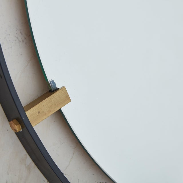 Round Black Metal + Brass Wall Mirror, 1980s For Sale - Image 10 of 11