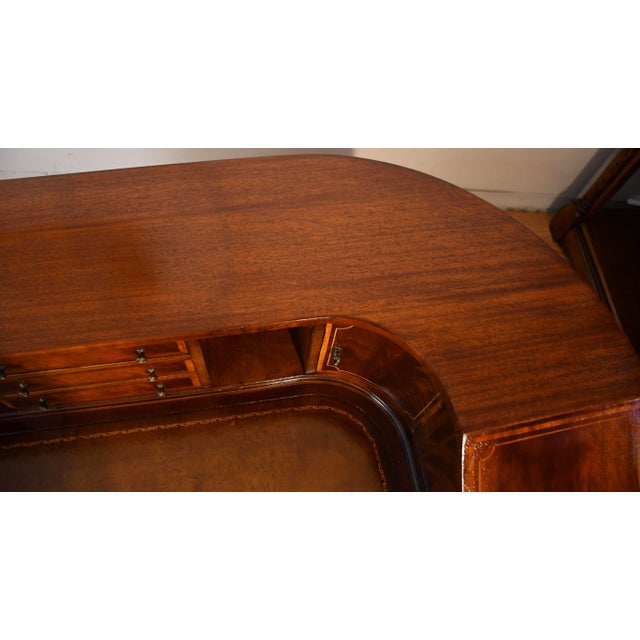 1930s English Regency Mahogany Inlaid & Leather Top Carlton Writing Desk For Sale - Image 18 of 18