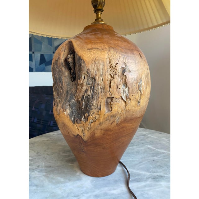 Carved Turned Wood Log Artisan Rustic Lamp + Pleated Shade For Sale - Image 16 of 18
