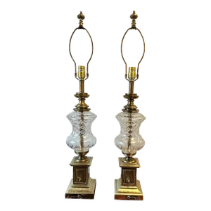 Pair of Large Mid-Century Stiffel Brass and Cut Crystal Column Table Lamps