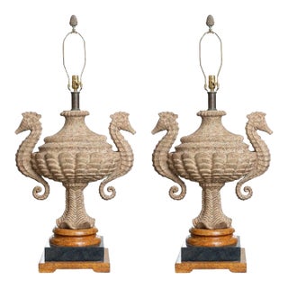 Pair of Monumental Carved Stone Sea Horse Urn Lamps For Sale