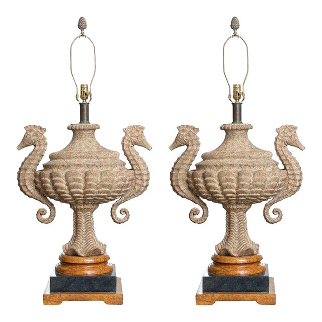 Pair of Monumental Carved Stone Sea Horse Urn Lamps For Sale