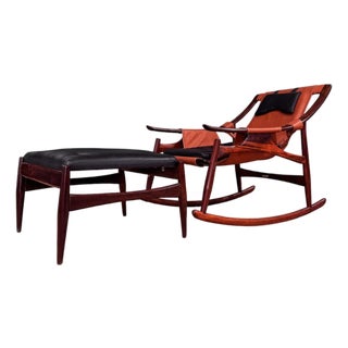 Rocking Chair with Ottoman in Rosewood & Leather, Liceu de Artes, 1960s - Lot 600 For Sale