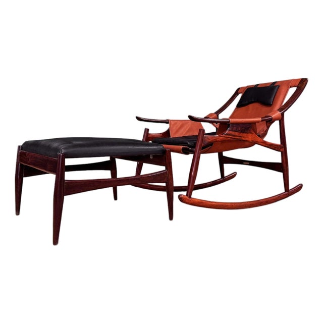 Rocking Chair with Ottoman in Rosewood & Leather, Liceu de Artes, 1960s - Lot 600 For Sale