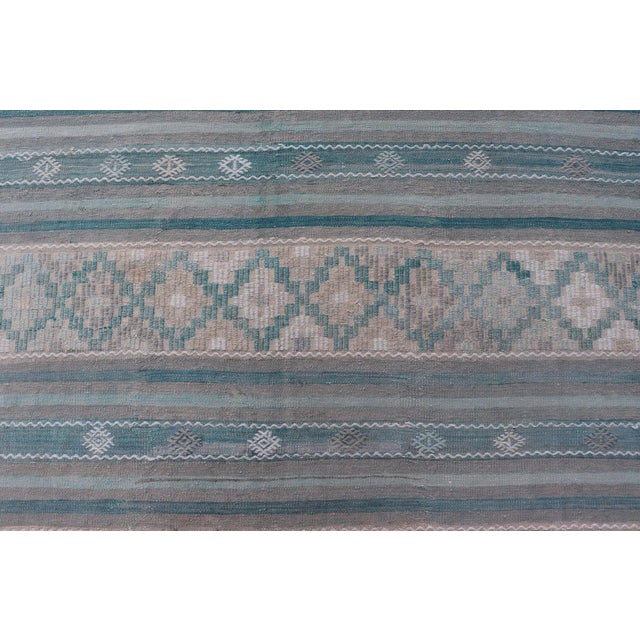 Turkish Flat-Weave Kilim in Soft Colors With Stripes and Embroideries For Sale - Image 9 of 12