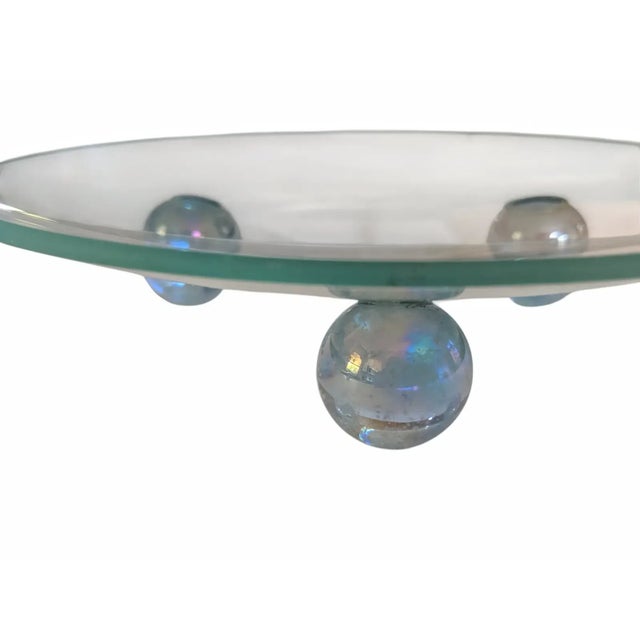 Vintage Postmodern Pedestal Glass Candle Stands Risers With Tripod Iridescent Orb Bases- Set of 2 For Sale - Image 4 of 7