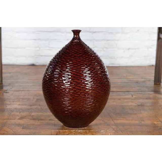 Ceramic Prem Collection Handcrafted Burgundy Vase with Textured Honeycomb Style Motifs For Sale - Image 7 of 12