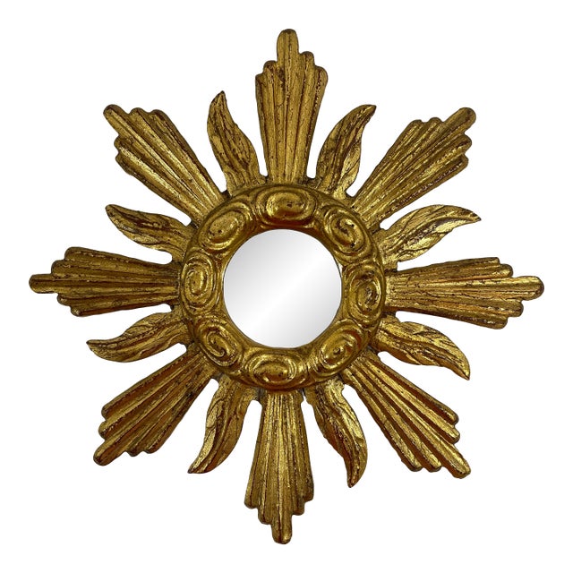 1950s French Petite 11" Giltwood Sunburst Wall Mirror For Sale