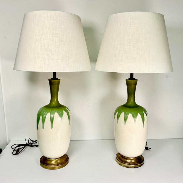 1950s Mid-Century Boho Chic Vintage Ceramic Green Drip Table Lamps - A Pair For Sale - Image 5 of 18