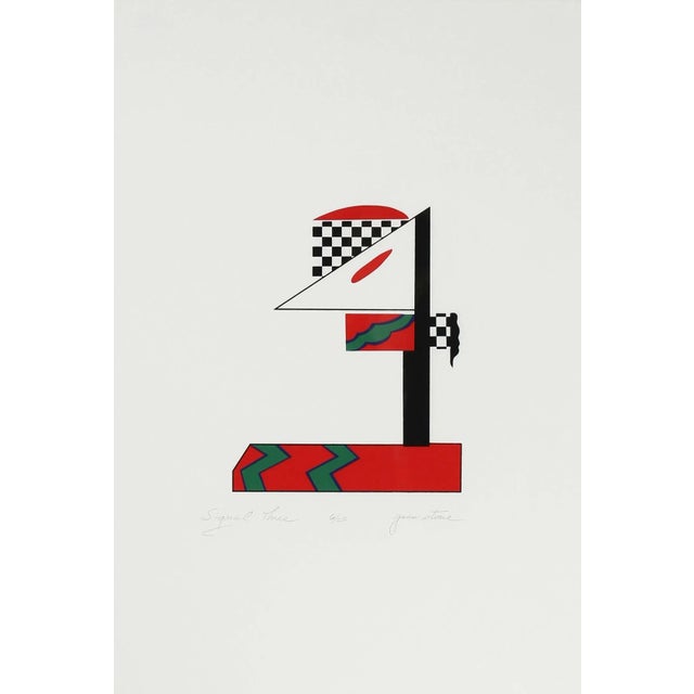 This late 20th century abstract serigraph on paper in red, green, black and white entitled "Signal Three" is by Northern...