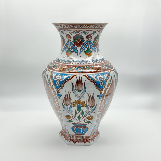 Ceramic Handmade Ceramic Iznik Vase (Faceted Form) Russet Brown and Turquoise Floral For Sale - Image 7 of 9
