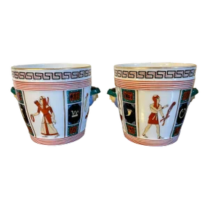 Antique 19th Century French Empire Paris Porcelain Cachepots in the Egyptian Revival Manner - a Pair