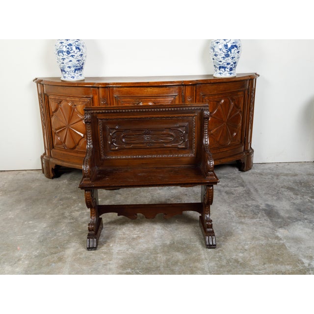 19th Century Italian 19th Century Walnut Hall Bench with Carved Back and Large Volutes For Sale - Image 5 of 12