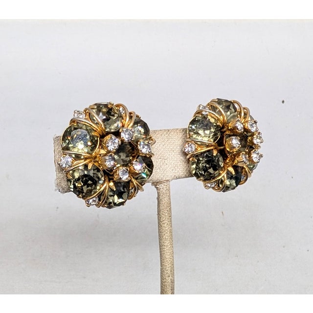 Hattie Carnegie Vintage Signed Hattie Goldtone Faux-Citrine & Clear Rhinestone Carnegie Clip Earrings- 2 Pieces For Sale - Image 4 of 8