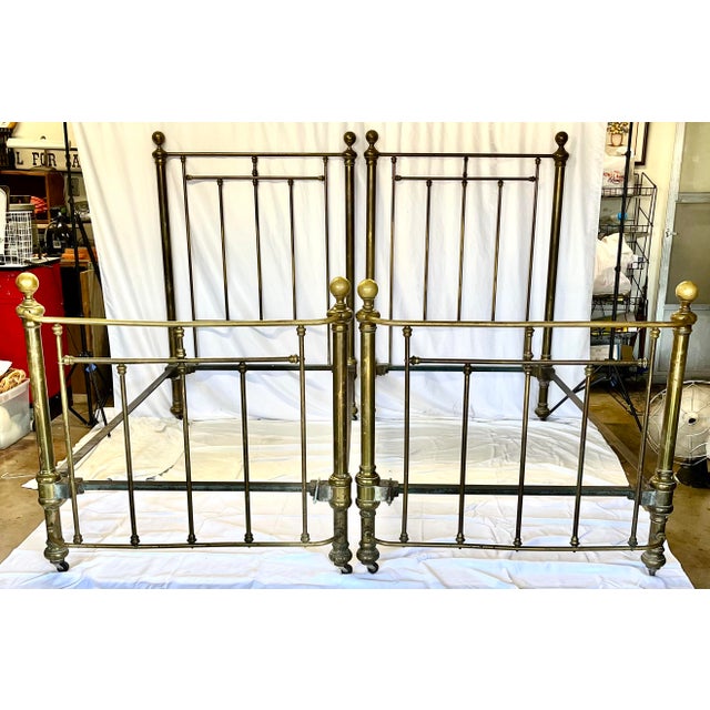 Victorian Pair of Antique Victorian Brass Twin Beds With Original Cast Iron Dovetail Rails For Sale - Image 3 of 17