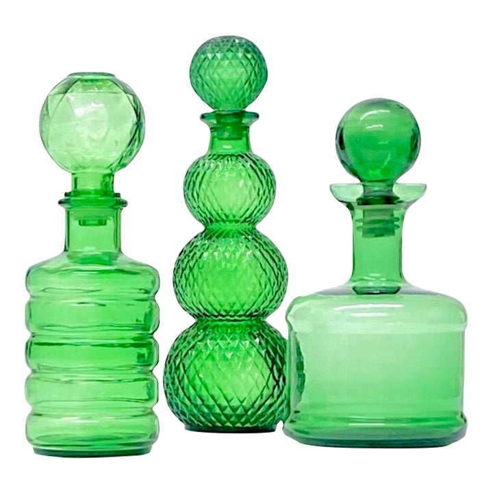 Green Cut Glass Decanters With Stoppers Set of 3 Chairish