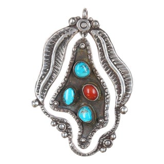 60's-70's Vintage Native American sterling - turquoise and coral pendant For Sale