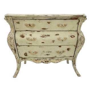 Distressed Green French Provincial Bombe Chest — Louis XV Style, Vintage Serpentine Dresser For Sale