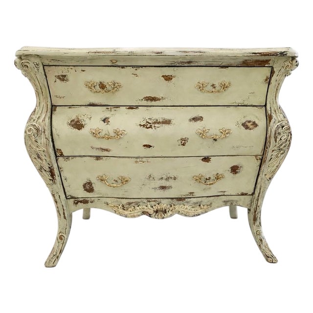 Distressed Green French Provincial Bombe Chest — Louis XV Style, Vintage Serpentine Dresser For Sale