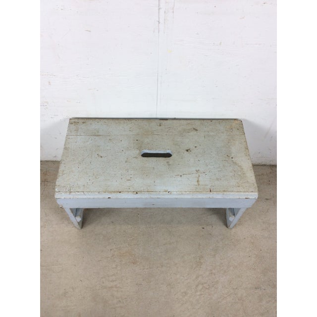 1930s Antique Farmhouse Gray Painted Bench Footstool For Sale - Image 5 of 14