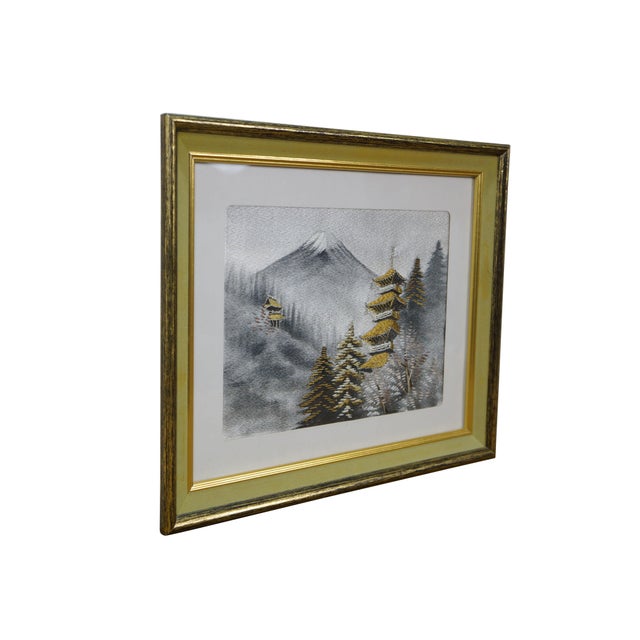 Late 20th century Japanese crewel embroidery / needlework / textile landscape showing Mt Fuji in shades of gray / silver,...