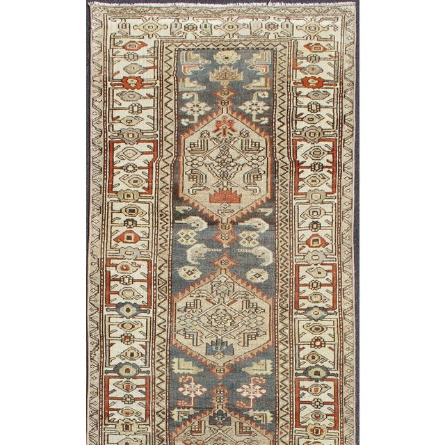 Long Persian Kurdish Runner With Medallion Design in Charcoal, Ivory and Red For Sale - Image 4 of 14