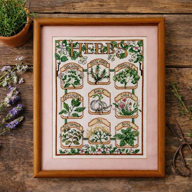1990s folk art embroidery that features a botanical herb garden in classic cross stitch. Nine labeled herbs — including...