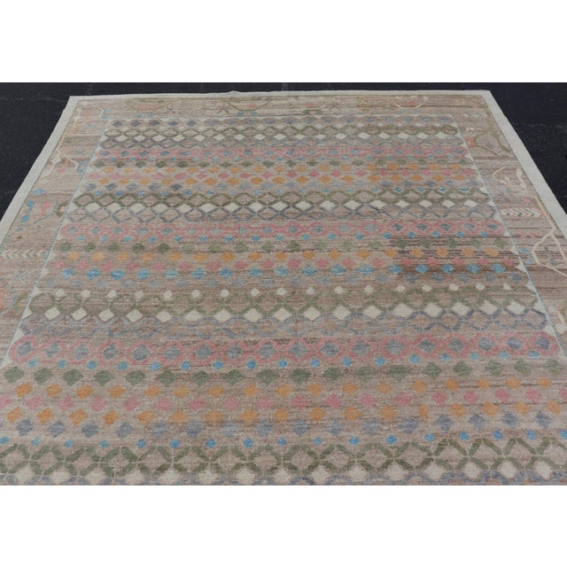 Tribal Turkish Oushak Rug With Geometric Motifs in Soft Pastel and Olive Green For Sale - Image 13 of 15