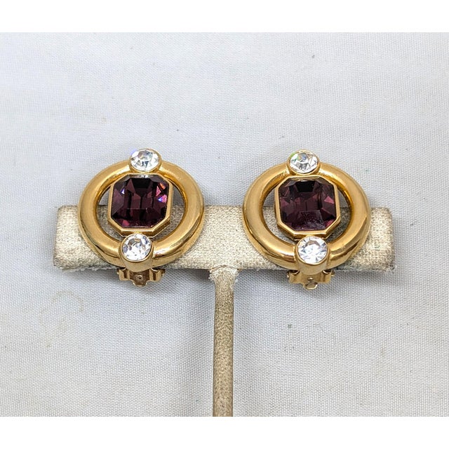 Givenchy Vintage 1980s Signed Givenchy Round Faux-Amethyst & Clear Rhinestone Clip Earrings-2 Pieces For Sale - Image 4 of 7